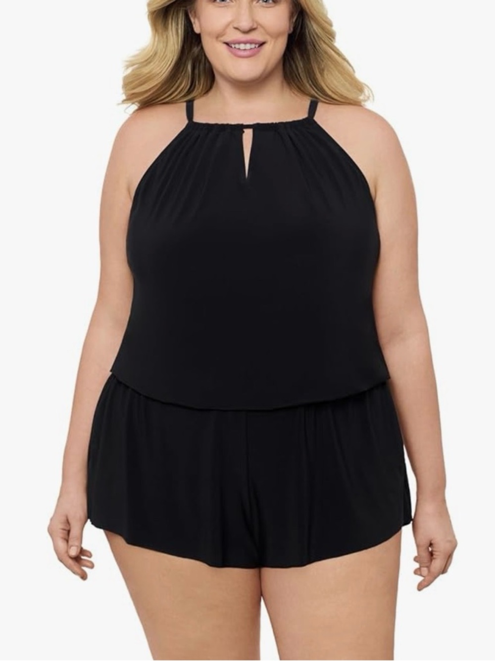 Aqua Green Women’s Black Keyhole Blouson Slimming Swim Romper With Pockets